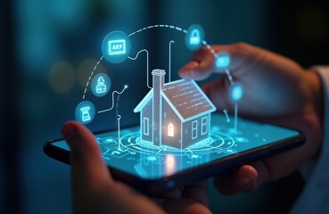 Hands hold smartphone displaying smart home app. 3D house icon appears on screen. App manages home security system remotely. User interacts digitally. Future of tech in housing visible. Mobile app