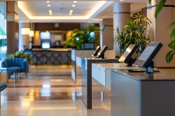 Modern hotel reception area with self-service kiosks.