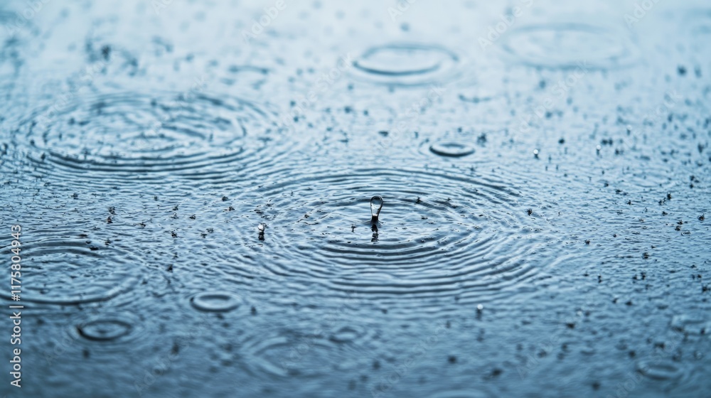 Poster Raindrops are impacting the surface of the water, creating concentric ripples and small splashes, in a soothing and mesmerizing natural display