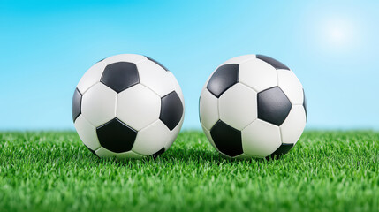 Fototapeta premium Two soccer balls resting on vibrant green grass under clear blue sky
