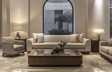 Modern living room interior with beige sofa, coffee table, armchairs, and lamps.