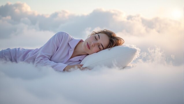 Tranquil woman in lavender sleep shirt on fluffy cloud in morning mist