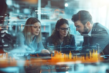 Team analyzing data on digital screen