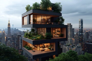 Towering skyscraper featuring cutting edge anti seismic damping mechanisms efficient energy saving features and an elegant sophisticated aesthetic  Boasting panoramic city views