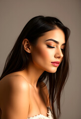 Naklejka premium Beauty Face Cosmetics. Girl With Smooth Skin And Fresh Makeup, silhouette, with white tones