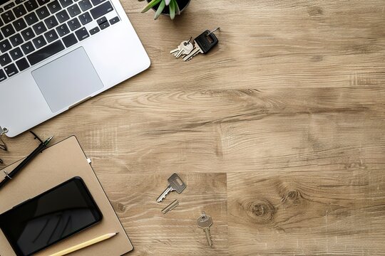 Laptop, keys, phone on wooden desk