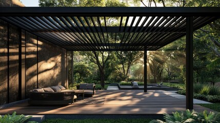 Modern patio with pergola, wooden deck, and lush garden.