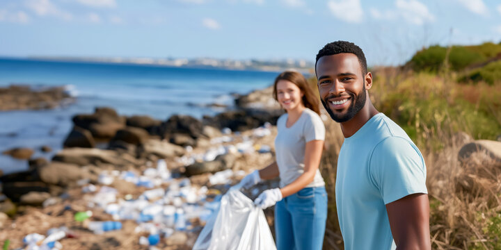 Portrait of young smiling black man and white woman volunteers collecting and sorting garbage on the ocean coast. Students cleaning the sea coast. Concept of caring for the environment.