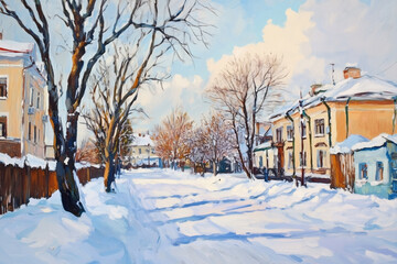 Naklejka premium An oil painting of a street in winter, with Eastern Europe, trees without leaves, a snow-covered road, a sunny day, a light blue sky, and warm colors with visible brush strokes