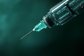 Syringe with a clear liquid on a dark green background.