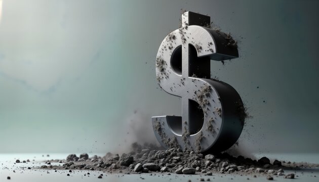 3D render shows dollar sign dissolving into dust. Symbol of economic decline. Visual metaphor for financial crisis, currency devaluation. Grey dollar sign crumbles, disperses. Dust particles spread