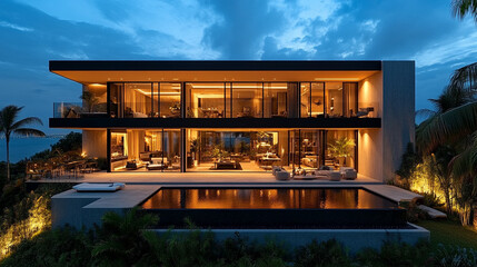 Perched on cliffs of Santorini island, luxury beach and pool property offers breathtaking panoramic view of sparkling Aegean Sea with the sun casting a golden glow

