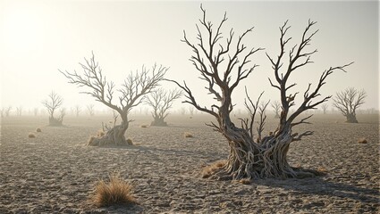 Eerie wasteland with twisted trees cracked soil and a lone tumbleweed under fading sunlight