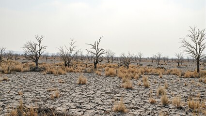 Desolate landscape with cracked ground skeletal trees and hazy sky