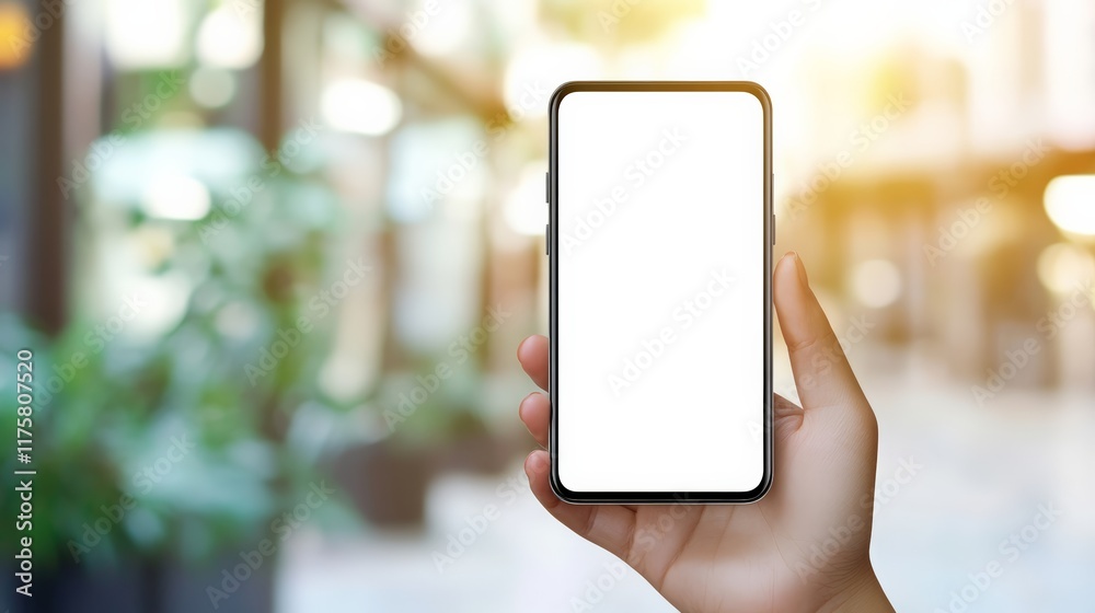 Poster hand holding a smartphone with blank white screen providing mockup for application or website design