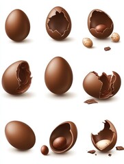 Fototapeta premium Chocolate eggs set. Isolated whole, broken, exploded, cracked and open brown eggs collection. Realistic sweet chocolate candy dessert icons. Vector Easter holiday celebration concept