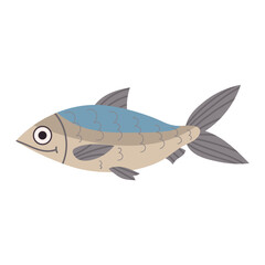 Cartoon fish in flat style isolated on white background. Hiking food.