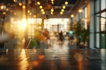 Fototapeta premium Sunlit wooden table in a modern cafe, bokeh background.