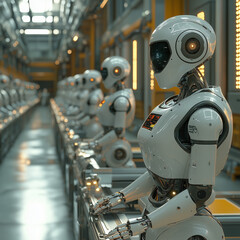 Fototapeta premium Row of humanoid robots in a manufacturing facility, equipped with advanced technology 