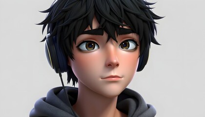 A digital anime boy listening to music with headphones.