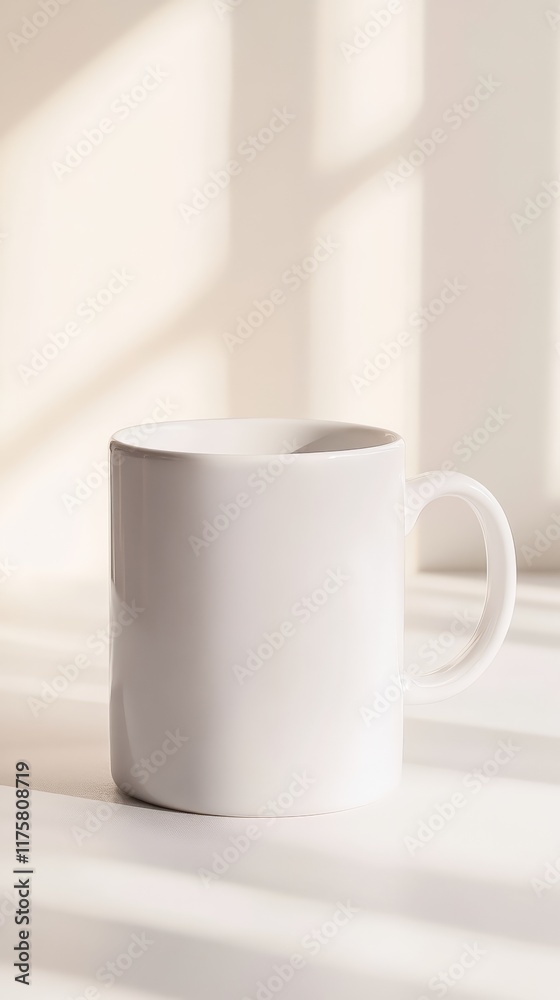 Poster white porcelain mug standing on a white table, illuminated by natural window light creating beautifu