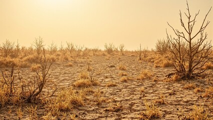 Desolate arid landscape with cracked dirt dry grass and withered bushes under a scorching sun