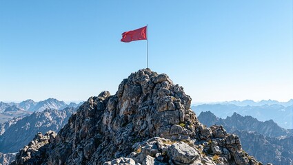 Solitary flag waving triumphantly on rugged mountain peak