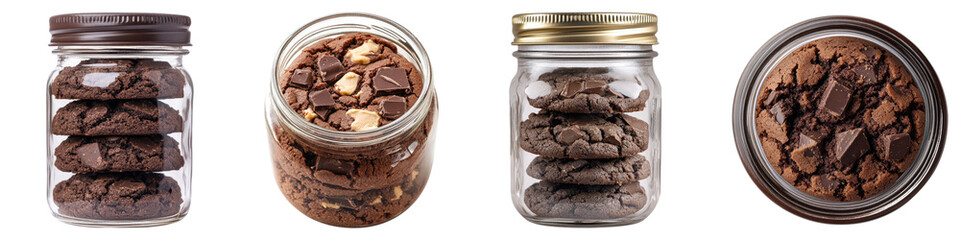Double chocolate cookies in a jar isolated on transparent background, Set of