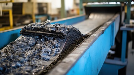 Industrial Process of Material Recycling with Shredded Scrap Metal Moving on Conveyor Belt in Modern Factory Setting