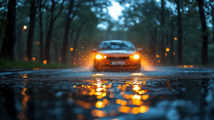 Car and water splash after rain on road