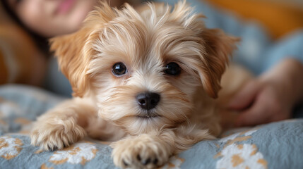 Adorable toy puppy in arms of its loving owner. Small adorable doggy with funny curly fur with adult woman. Close up, copy space.