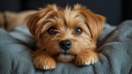 Adorable toy puppy in arms of its loving owner. Small adorable doggy with funny curly fur with adult woman. Close up, copy space.