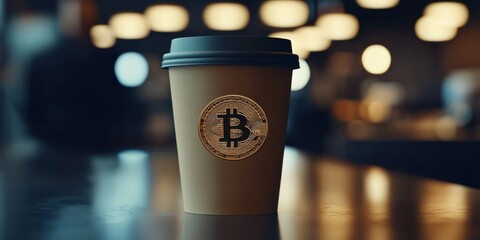 A takeout coffee cup with a Bitcoin symbol sits elegantly against a warm, blurred background, reflecting contemporary digital financial themes and aesthetic appeal.