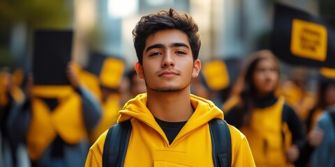 Naklejka premium A confident young man stands in the forefront of a vibrant protest, clad in a striking yellow hoodie, showing determination amid a blur of movement and banners.
