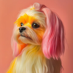 Naklejka premium Dog with vibrant pink and yellow fur poses against a bright pink background in a playful setting. Generative AI