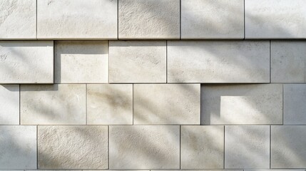 Naklejka premium Modern off-white stone wall with offset square tiles and leaf shadows.