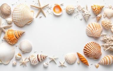 Obraz premium Seashells and Starfish Summer Border Frame Beach Vacation Background Ocean Decor