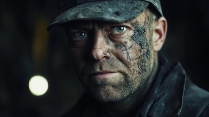 An intense portrait of a miner, emphasizing the strength and dedication required in mining, shown through dirt-smeared features and a penetrating gaze with dramatic effect.
