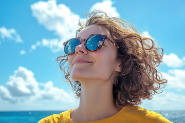 portrait of a happy young woman wearing sunglasses, with a blue sky and sea in the background. She is wearing a yellow shirt. This is a close-up portrait, taken on a sunny day with sunlight and sun ra