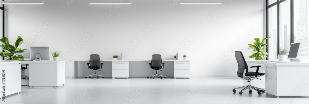 Poster bright, modern open space office featuring a row of computer desks, large panoramic windows offering