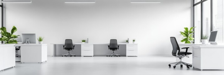 Bright, modern open space office featuring a row of computer desks, large panoramic windows offering city views, a big blank wall, and a clean white floor, creating a minimalist atmosphere