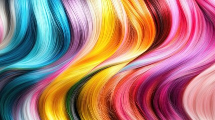Obraz premium A row of long wavy strands of hair in different colours. Concept of variety and individuality in hair colouring. Hairdressing treatments, extensions. Design for cover, advertising or presentation.
