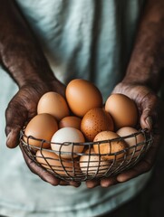 Man hand holding wire basket of fresh chicken eggs. Closeup of african american hands showing eggs in basket.