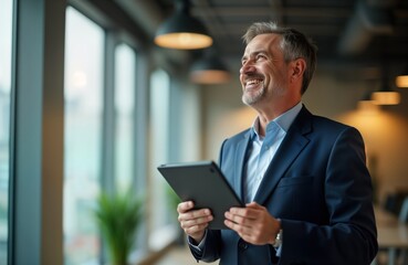 Smiling mature businessman in a suit stands in an office holding a digital tablet. He looks thoughtful and happy while using tech device in a modern corporate setting.