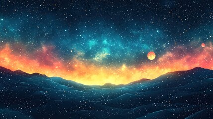 Fototapeta premium Cosmic landscape, nebula, planets, mountains. Possible stock photo use