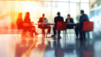 A blurred office meeting with business people sitting around a table, engaged in a discussion or training session. Blurred office and workplace background.