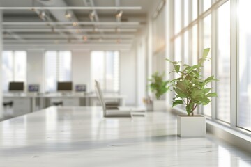 Fototapeta premium Modern office workspace with plants and bright windows.