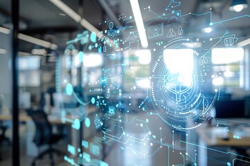 Digital network interface overlaid on modern office space.