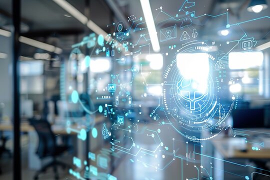 Digital network interface overlaid on modern office space.