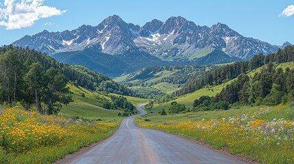 Fototapeta premium A winding road through a vibrant landscape with mountains in the background.